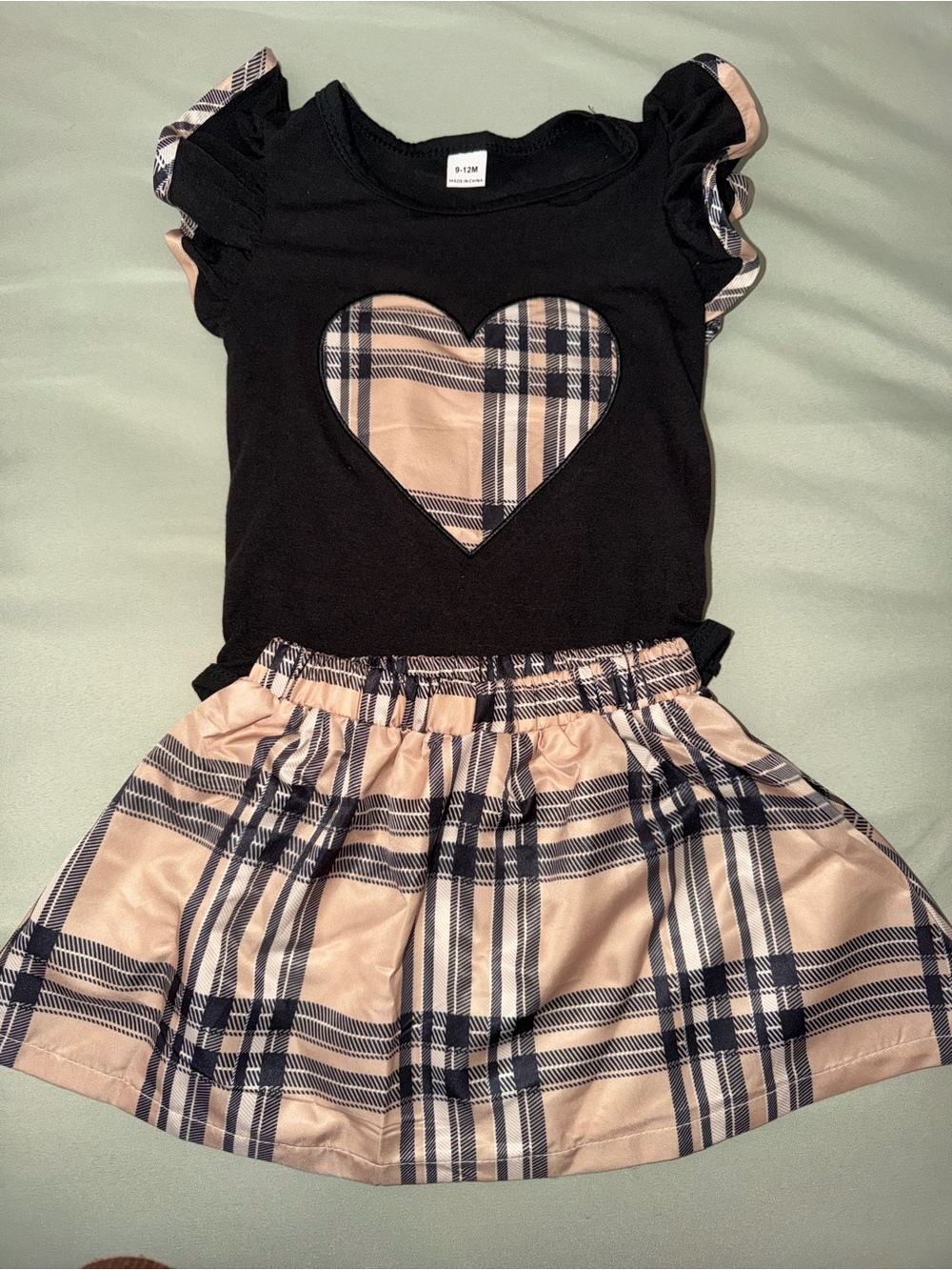 Girls Black Top & Beige Plaid Skirt Set - Heart Accent